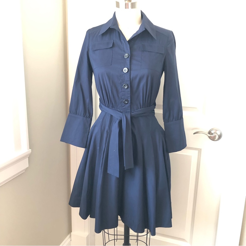 Diane Von Furstenberg Ramina Shirt Dress Pleated Skirt Waist Ties Navy